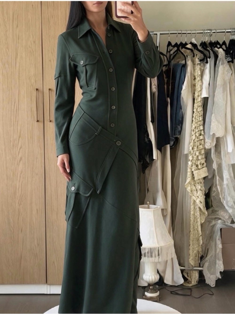 Vintage 90s Moschino Cheap and Chic Green Wool Cargo Utility Maxi Dress